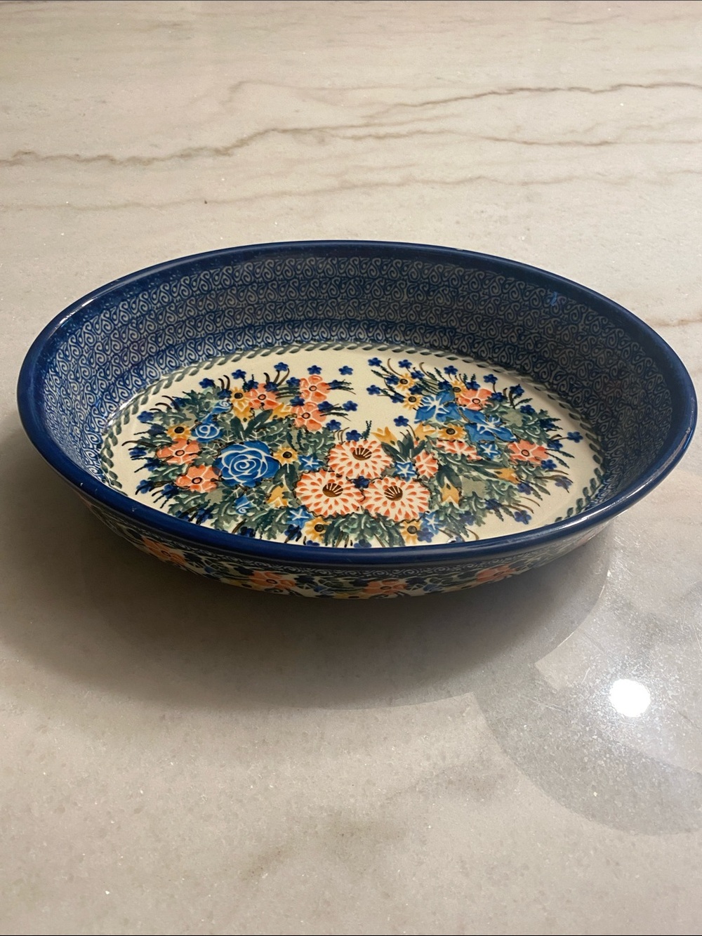 Unikat M. Starzyk Polish Hand-Painted Blue Floral Oval baking Dish